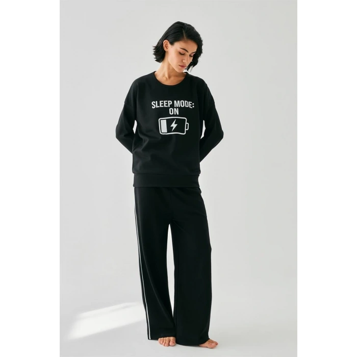 MARSiLYAN- Kadın Siyah Sleep Mode ON Oversize 2 İplik Eşofman Ev Giyim Takımı