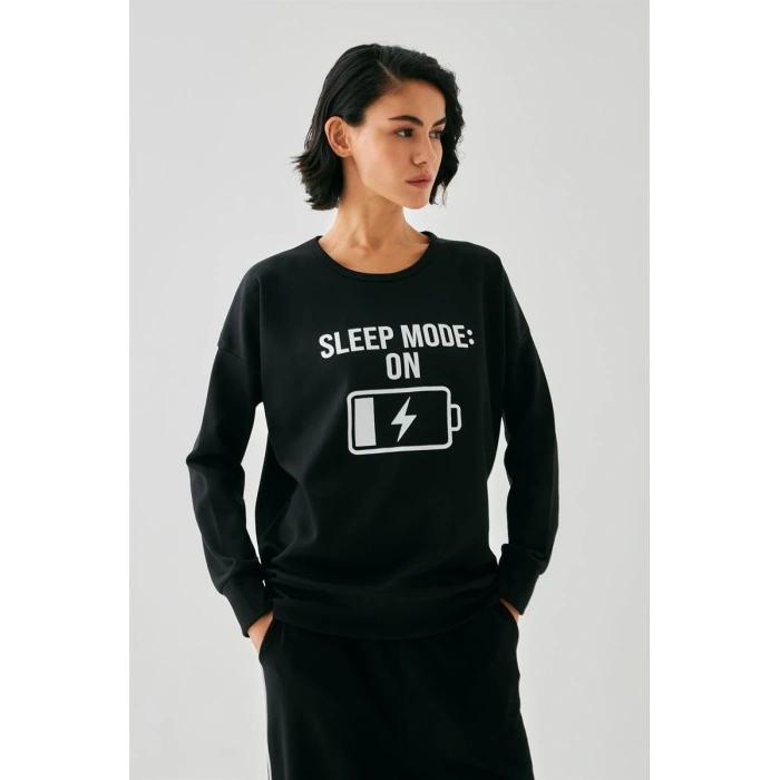 MARSiLYAN- Kadın Siyah Sleep Mode ON Oversize 2 İplik Eşofman Ev Giyim Takımı