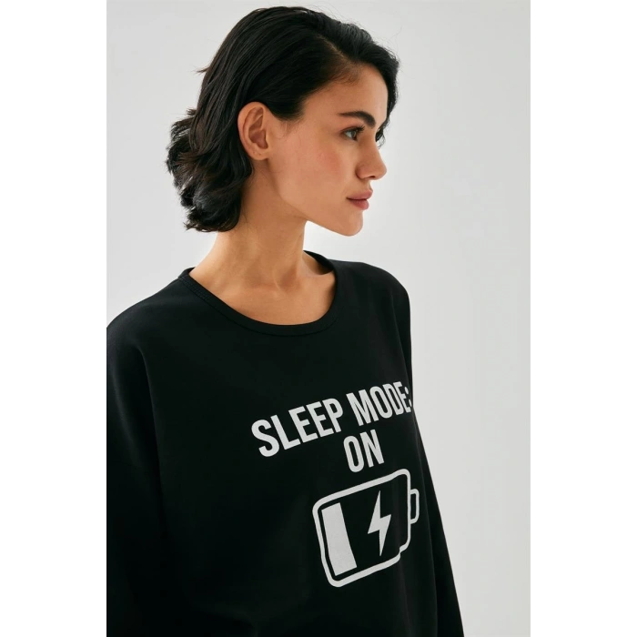 MARSiLYAN- Kadın Siyah Sleep Mode ON Oversize 2 İplik Eşofman Ev Giyim Takımı