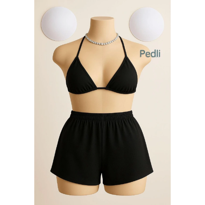 MARSiLYAN- Kadın Siyah Şortlu Belden ve Boyundan Bağlamalı Bikini Takımı