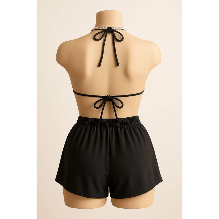 MARSiLYAN- Kadın Siyah Şortlu Belden ve Boyundan Bağlamalı Bikini Takımı