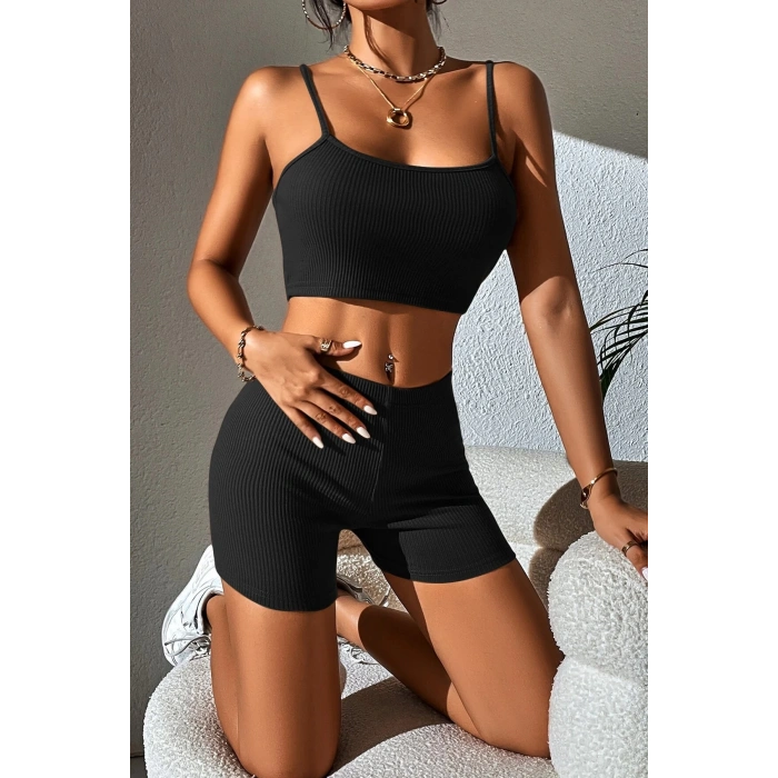 MARSiLYAN- Kadın Siyah Şortlu Kaşkorse Gecelik Takım