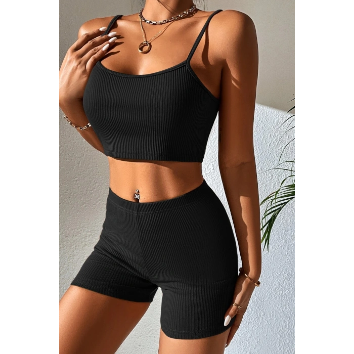 MARSiLYAN- Kadın Siyah Şortlu Kaşkorse Gecelik Takım