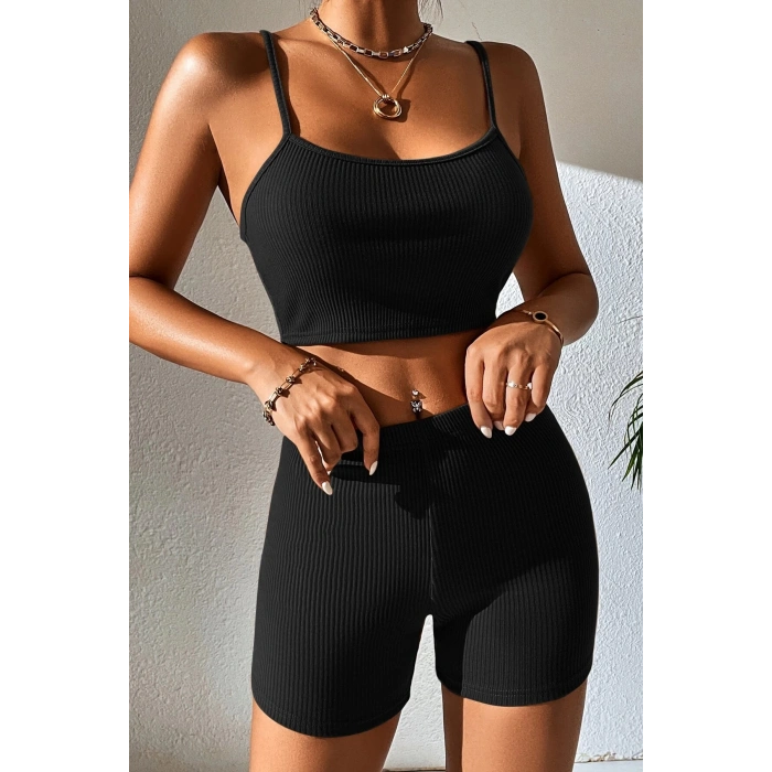 MARSiLYAN- Kadın Siyah Şortlu Kaşkorse Gecelik Takım