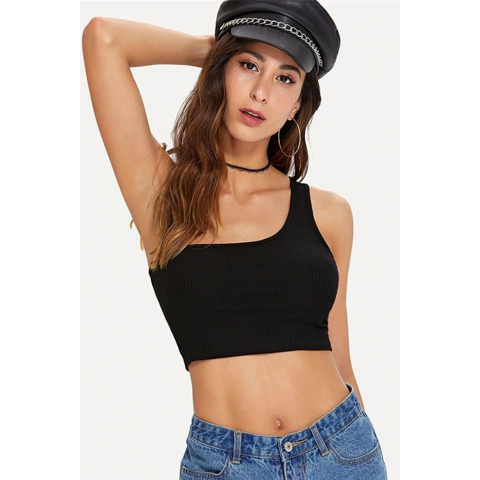 MARSiLYAN- Kadın Siyah Tek Omuz Crop Büstiyer
