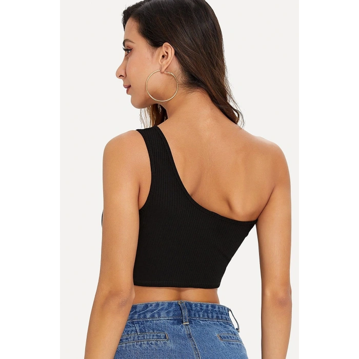 MARSiLYAN- Kadın Siyah Tek Omuz Crop Büstiyer