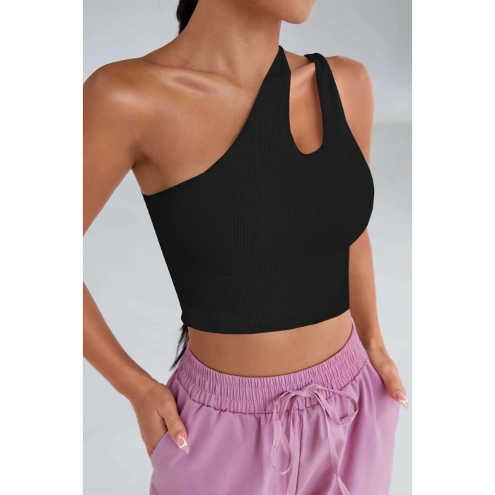 MARSiLYAN- Kadın Siyah Tek Omuz Cut Out Detaylı Crop Top Bluz