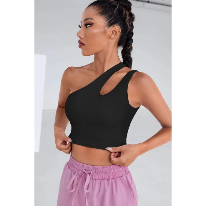 MARSiLYAN- Kadın Siyah Tek Omuz Cut Out Detaylı Crop Top Bluz