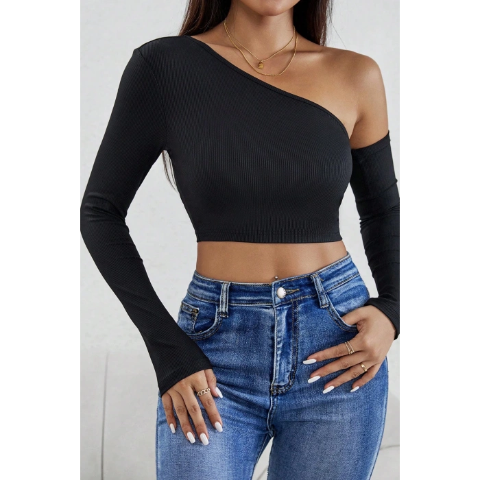 MARSiLYAN- Kadın Siyah Tek Omuz Detaylı Uzun Kol Crop Top Bluz
