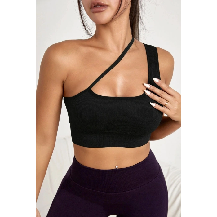 MARSiLYAN- Kadın Siyah Tek Omuzlu Çapraz Askılı Crop Top Büstiyer
