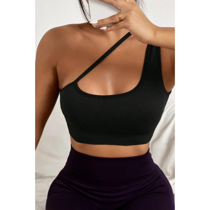 MARSiLYAN- Kadın Siyah Tek Omuzlu Çapraz Askılı Crop Top Büstiyer
