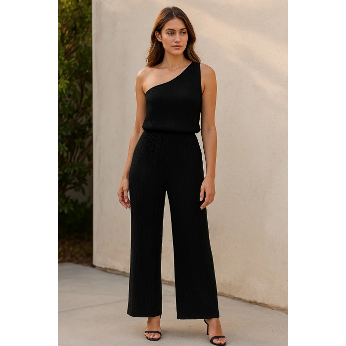 MARSiLYAN- Kadın Siyah Tek Omuzlu Şık Bluz & Geniş Paça Pantolon İkili Takım
