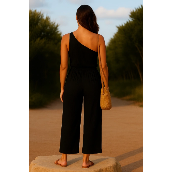 MARSiLYAN- Kadın Siyah Tek Omuzlu Şık Bluz & Geniş Paça Pantolon İkili Takım