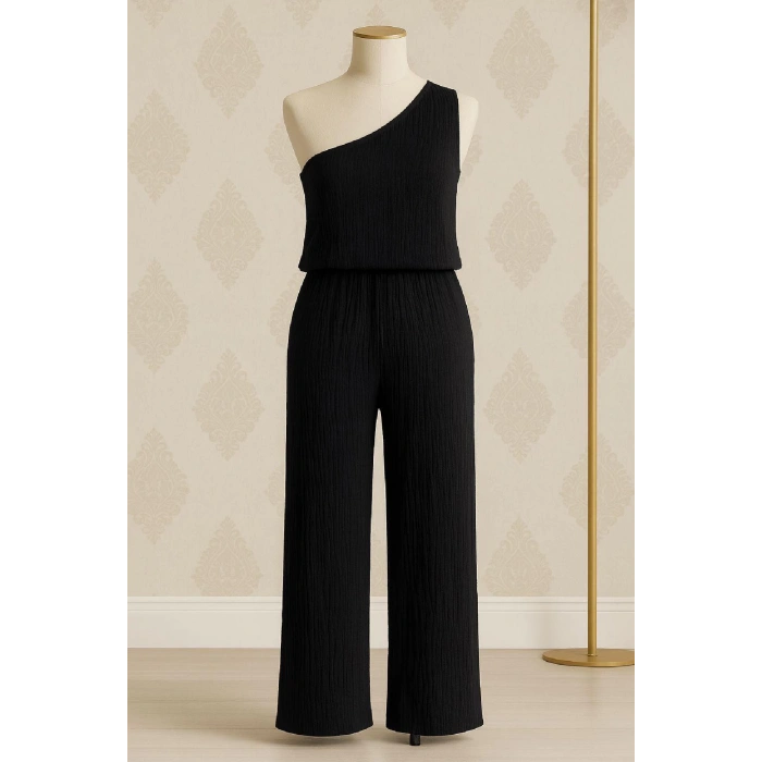 MARSiLYAN- Kadın Siyah Tek Omuzlu Şık Bluz & Geniş Paça Pantolon İkili Takım