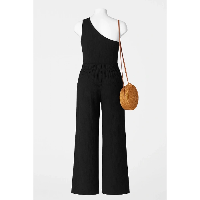 MARSiLYAN- Kadın Siyah Tek Omuzlu Şık Bluz & Geniş Paça Pantolon İkili Takım