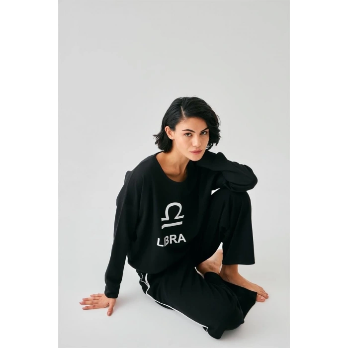 MARSiLYAN- Kadın Siyah Terazi Burcu Oversize 2 İplik Eşofman Ev Giyim Takımı