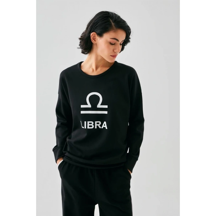 MARSiLYAN- Kadın Siyah Terazi Burcu Oversize 2 İplik Eşofman Ev Giyim Takımı