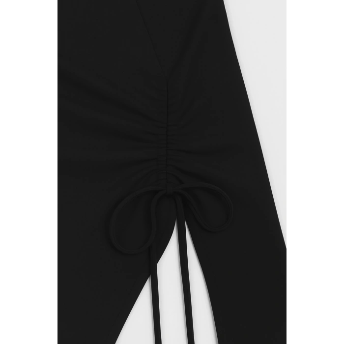 MARSiLYAN- Kadın Siyah Uzun İspanyol Kollu Asimetirik Yaka Yandan Bağlamalı Drapeli Bluz