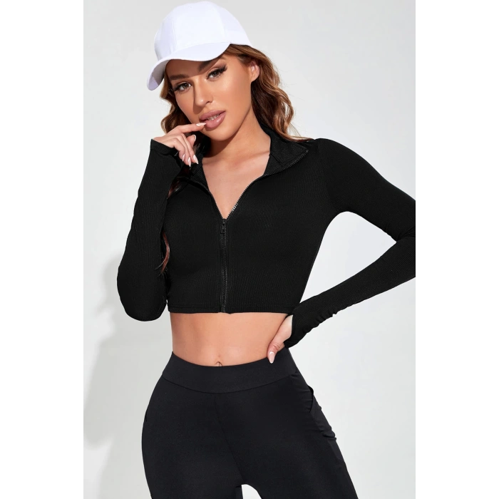 MARSiLYAN- Kadın Siyah Uzun Kol Fermuarlı Parmak Geçme Detaylı Dik Yaka Crop Top Bluz
