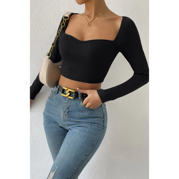 MARSiLYAN- Kadın Siyah Uzun Kol Göğüs Dekolteli Şık Crop Top Bluz