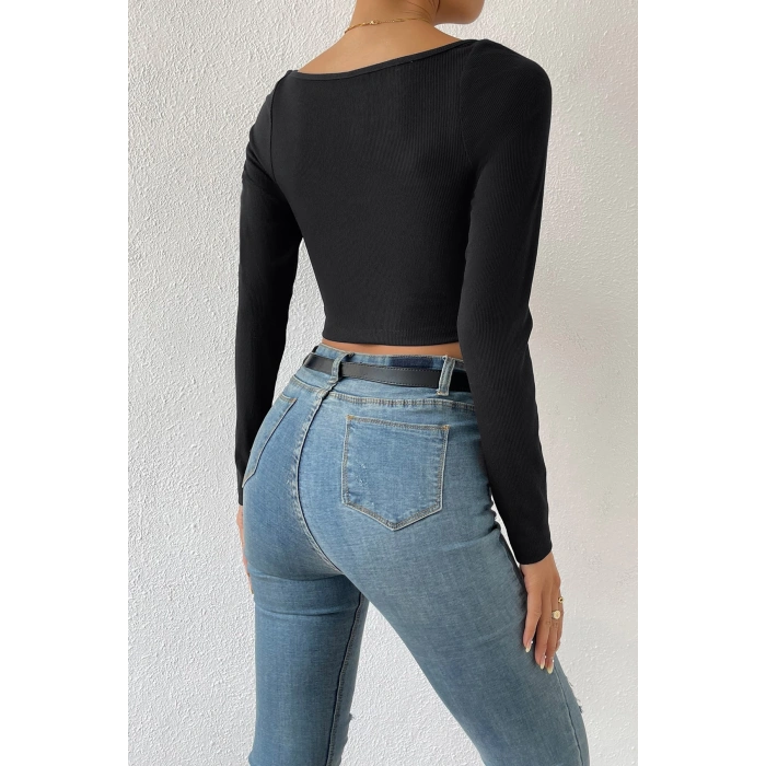 MARSiLYAN- Kadın Siyah Uzun Kol Göğüs Dekolteli Şık Crop Top Bluz