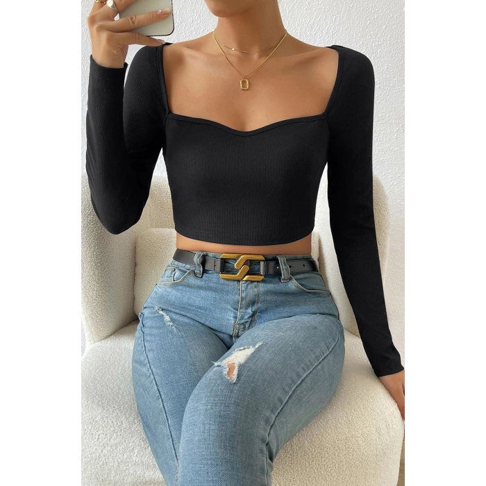 MARSiLYAN- Kadın Siyah Uzun Kol Göğüs Dekolteli Şık Crop Top Bluz
