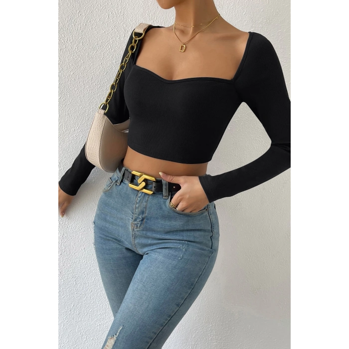 MARSiLYAN- Kadın Siyah Uzun Kol Göğüs Dekolteli Şık Crop Top Bluz