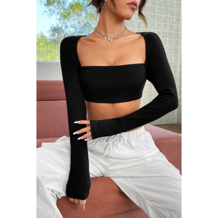 MARSiLYAN- Kadın Siyah Uzun Kol Göğüs ve Sırt Dekolteli Crop Top Bluz