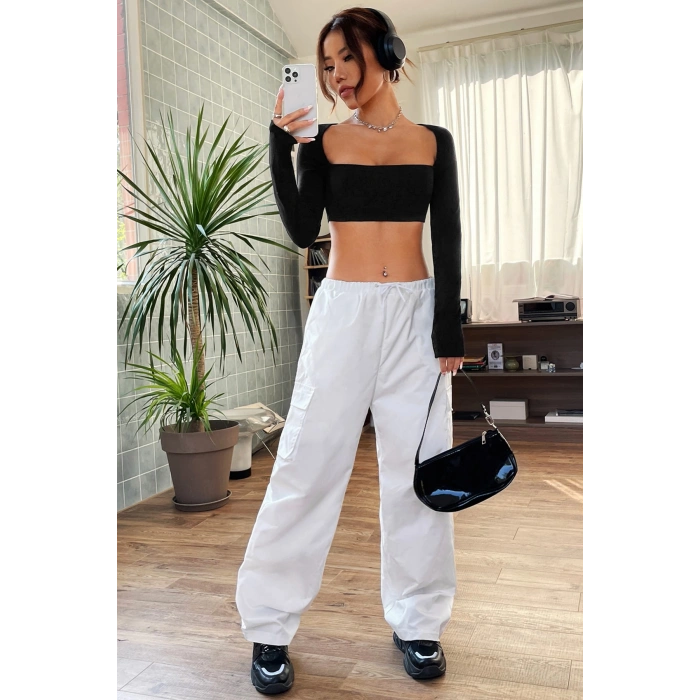 MARSiLYAN- Kadın Siyah Uzun Kol Göğüs ve Sırt Dekolteli Crop Top Bluz