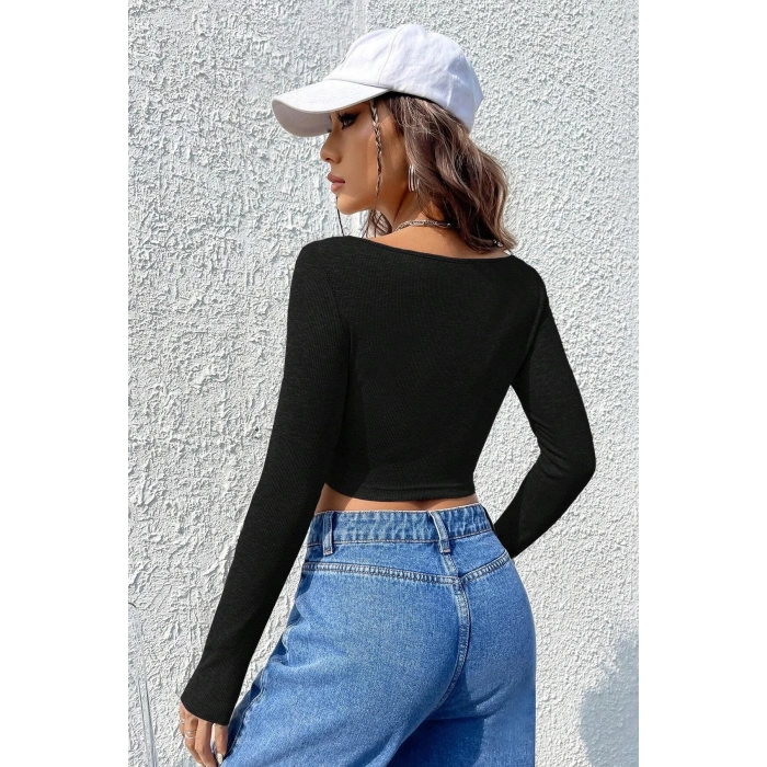 MARSiLYAN- Kadın Siyah Uzun Kollu Agraflı Göğüs ve Göbek Dekolteli Crop Top Bluz