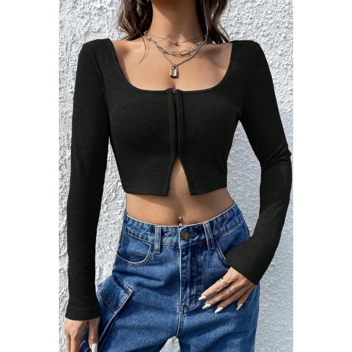 MARSiLYAN- Kadın Siyah Uzun Kollu Agraflı Göğüs ve Göbek Dekolteli Crop Top Bluz
