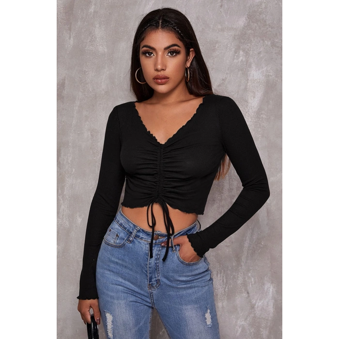 MARSiLYAN- Kadın Siyah Uzun Kollu Büzdürme Bağcık Detaylı Crop Top Bluz