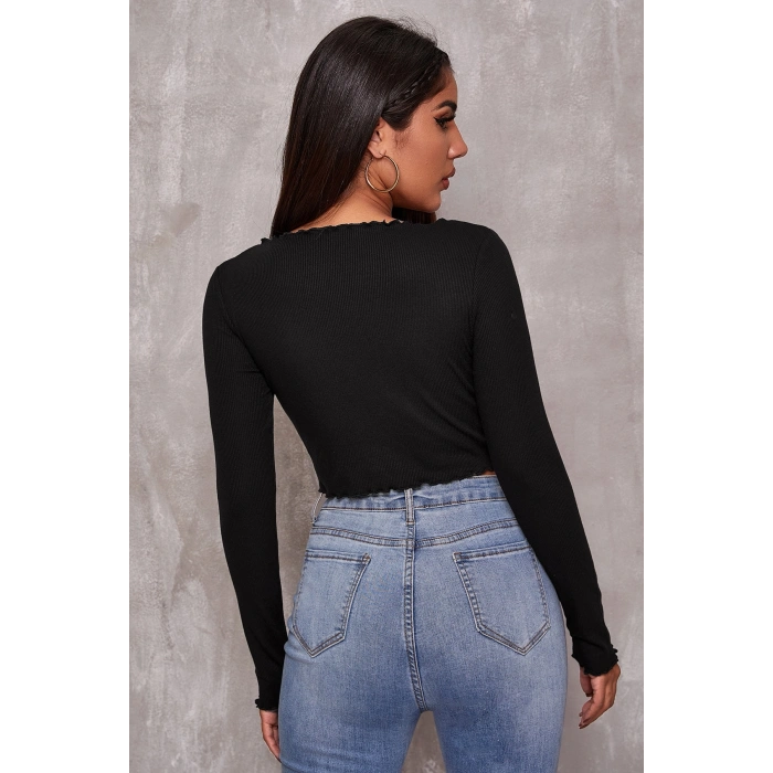 MARSiLYAN- Kadın Siyah Uzun Kollu Büzdürme Bağcık Detaylı Crop Top Bluz