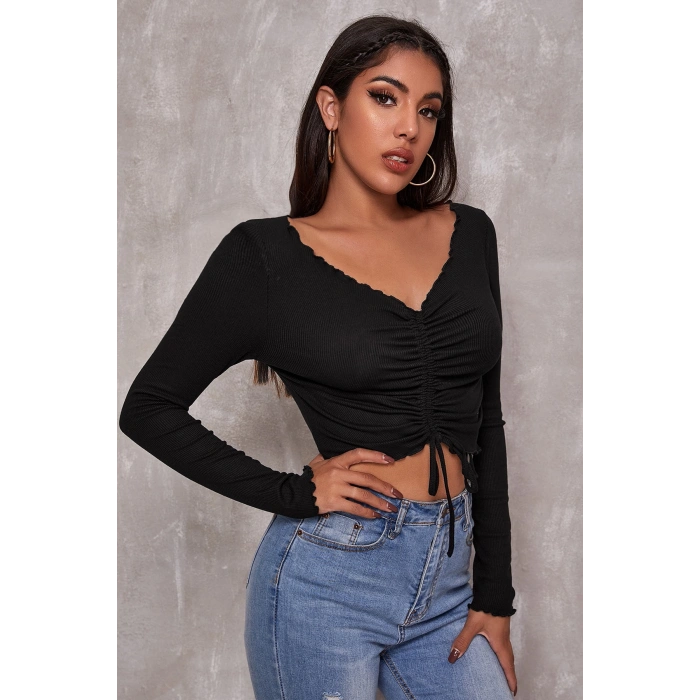 MARSiLYAN- Kadın Siyah Uzun Kollu Büzdürme Bağcık Detaylı Crop Top Bluz