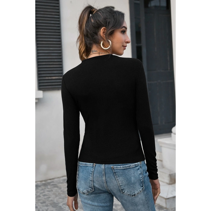 MARSiLYAN- Kadın Siyah Uzun Kollu Fit Basic Crop Top Bluz