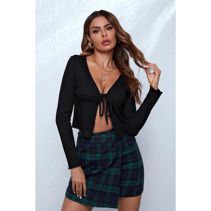 MARSiLYAN- Kadın Siyah Uzun Kollu Önden Bağlama Detaylı Crop Top Bluz