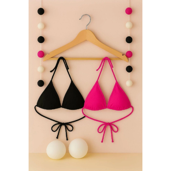 MARSiLYAN- Kadın Siyah ve Fuşya Minimal Kesim Üçgen Bikini Üstü