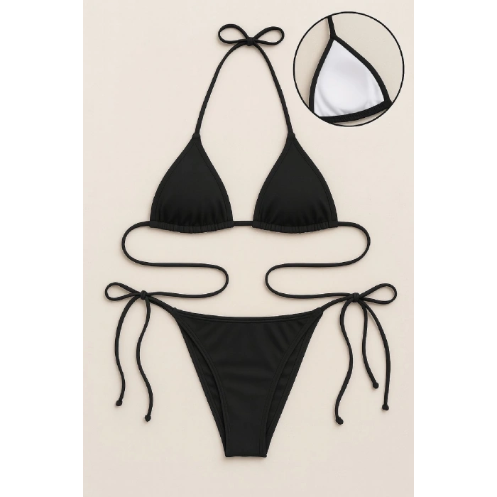 MARSiLYAN- Kadın Siyah Yandan ve Boyundan Bağlamalı Bikini Mayo Takımı