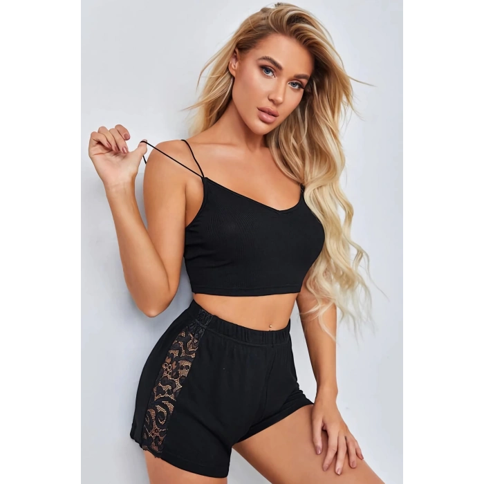 MARSiLYAN- Kadın Siyah Yanları ve Sırtı Dantel Detaylı Çift Sıra İnce Lastikli Şortlu Gecelik Takım