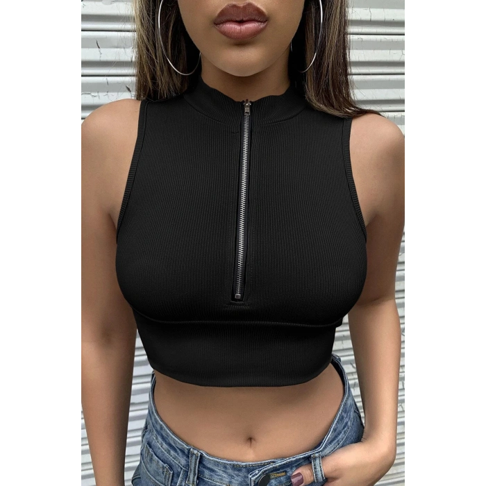 MARSiLYAN- Kadın Siyah Yarım Fermuarlı Sıfır Kol Crop Top Bluz