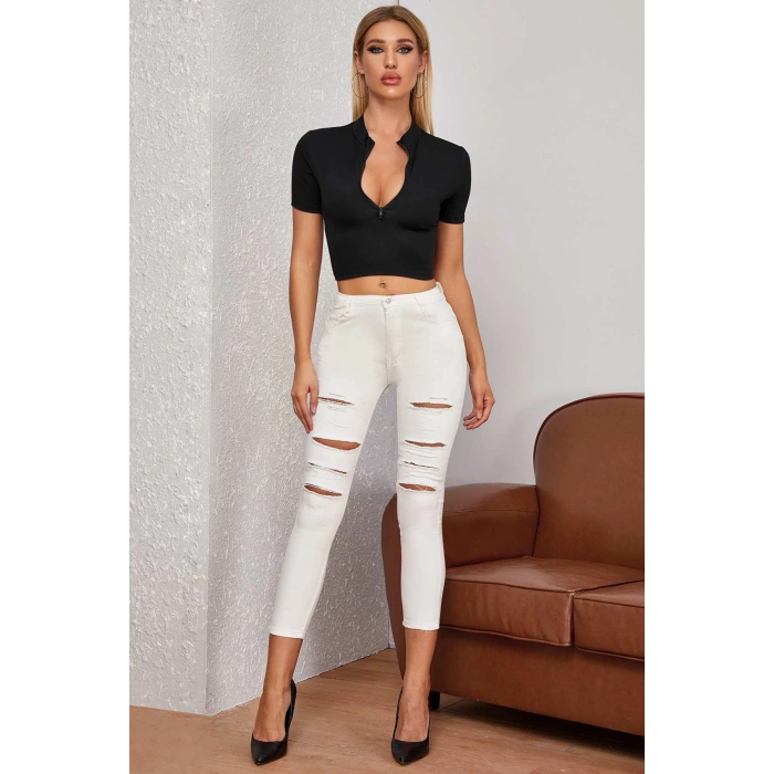 MARSiLYAN- Kadın Siyah Yarım Fermuarlı ve Kısa Kollu Crop Top Bluz