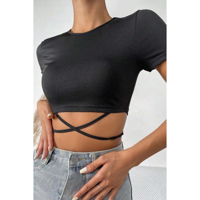 MARSiLYAN- Kadın Siyah Yarım Kol Çapraz Bağlamalı Crop Top Bluz