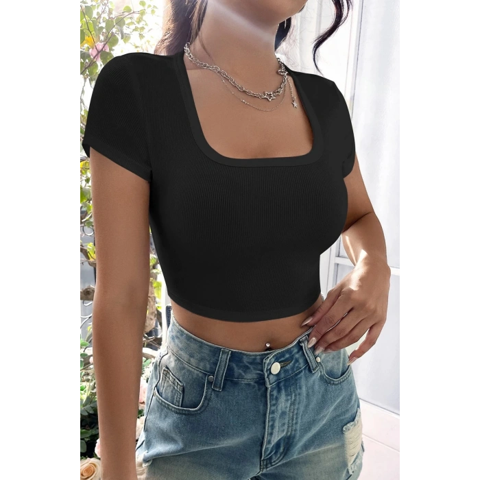 MARSiLYAN- Kadın Siyah Yarım Kol Düz Yaka Crop Top Bluz