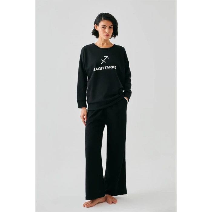 MARSiLYAN- Kadın Siyah Yay Burcu Oversize 2 İplik Eşofman Ev Giyim Takımı