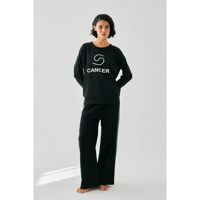 MARSiLYAN- Kadın Siyah Yengeç Burcu Oversize 2 İplik Eşofman Ev Giyim Takımı