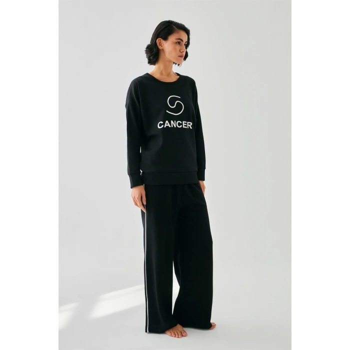MARSiLYAN- Kadın Siyah Yengeç Burcu Oversize 2 İplik Eşofman Ev Giyim Takımı