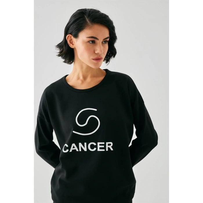 MARSiLYAN- Kadın Siyah Yengeç Burcu Oversize 2 İplik Eşofman Ev Giyim Takımı