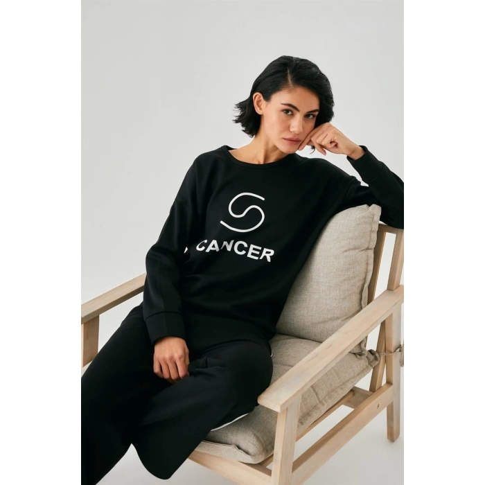 MARSiLYAN- Kadın Siyah Yengeç Burcu Oversize 2 İplik Eşofman Ev Giyim Takımı