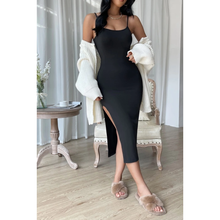 MARSiLYAN- Kadın Siyah Yırtmaçlı Diz Altı Vücüdu Saran Gecelik