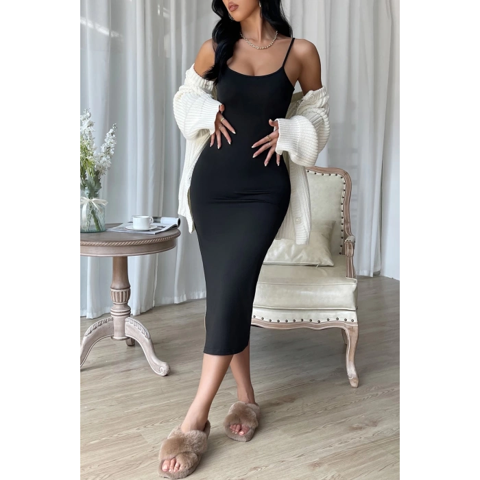 MARSiLYAN- Kadın Siyah Yırtmaçlı Diz Altı Vücüdu Saran Gecelik